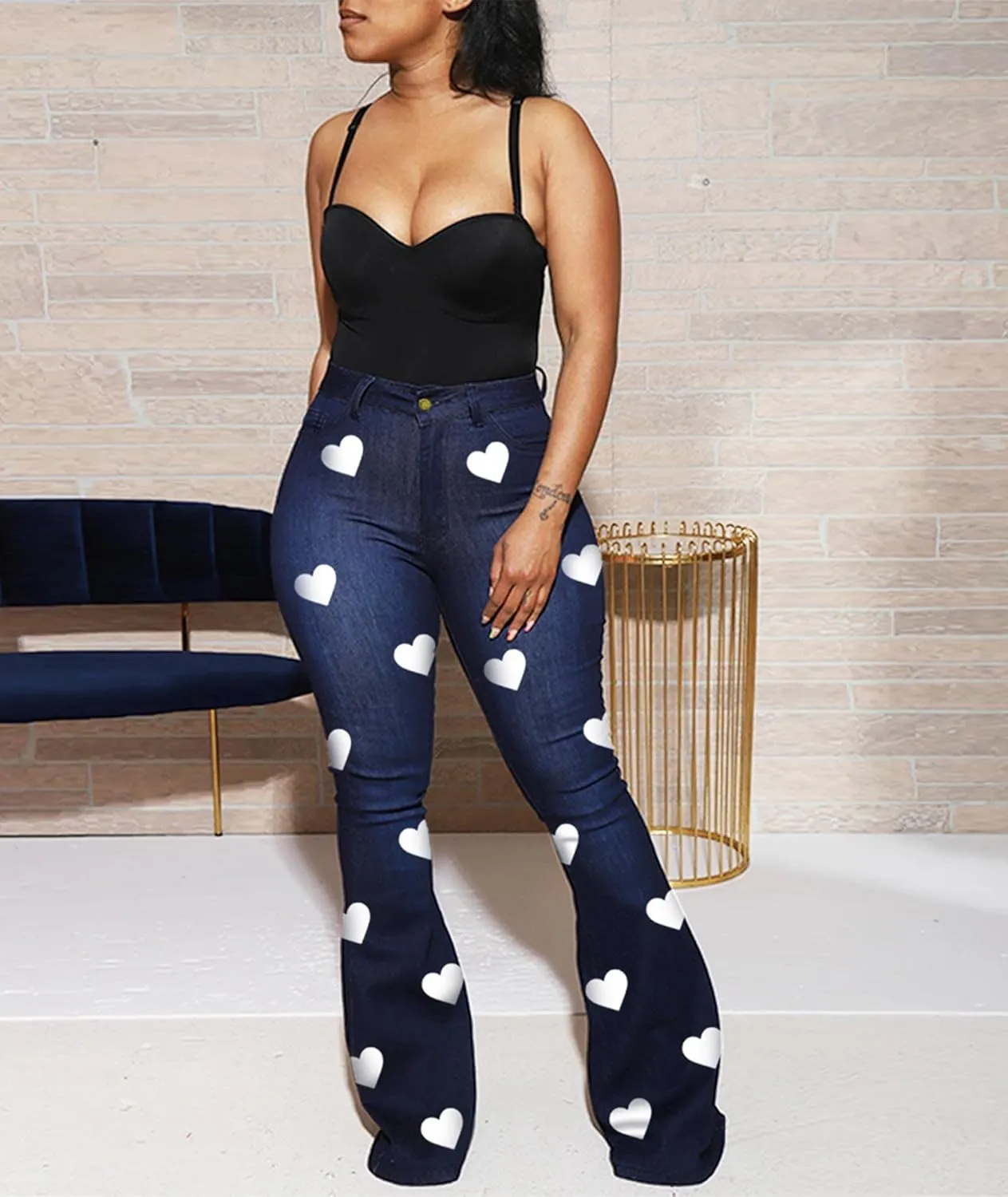 SEMATOMALA Women's Bodycon Denim Flared Leg Jeans Pants Heart Printed Color Contrast Slim Bell Bottom High Waist Trousers