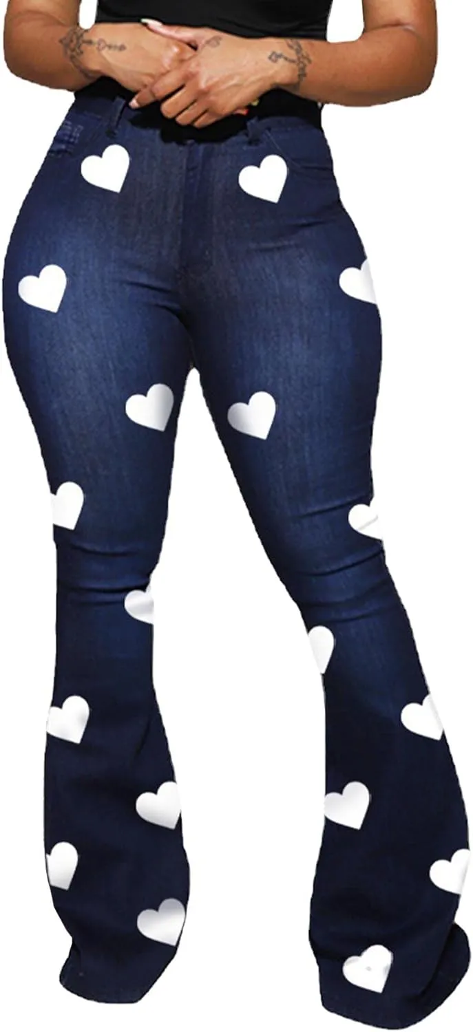 SEMATOMALA Women's Bodycon Denim Flared Leg Jeans Pants Heart Printed Color Contrast Slim Bell Bottom High Waist Trousers