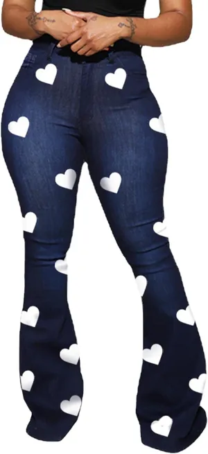 SEMATOMALA Women's Bodycon Denim Flared Leg Jeans Pants Heart Printed Color Contrast Slim Bell Bottom High Waist Trousers