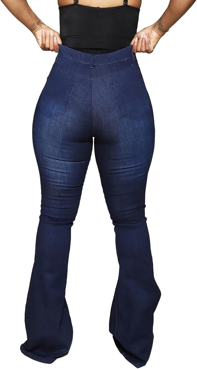 SEMATOMALA Women's Bodycon Denim Flared Leg Jeans Pants Heart Printed Color Contrast Slim Bell Bottom High Waist Trousers