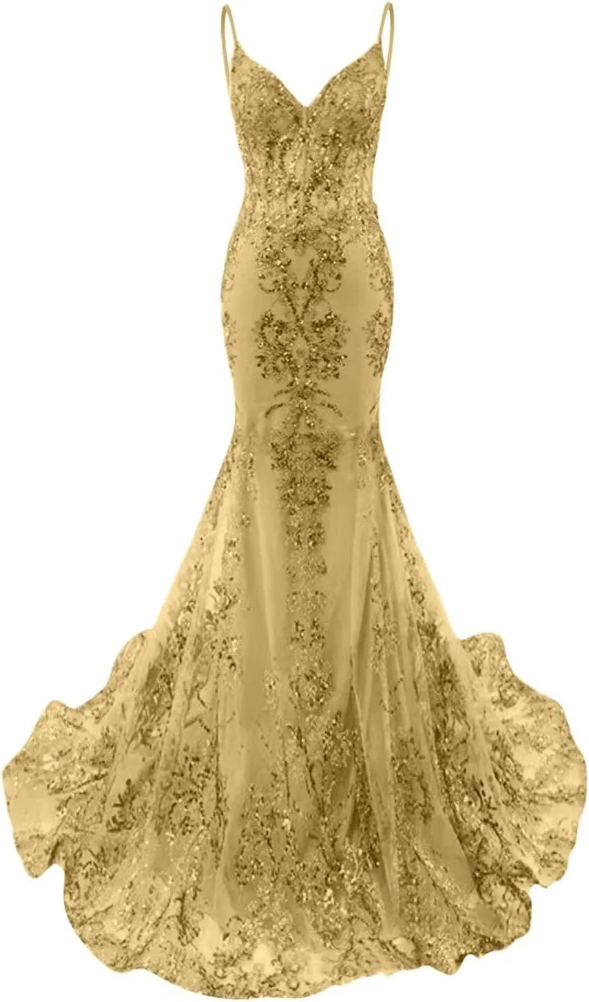 Sparkly Sequin Mermaid Prom Dress for Women 2025 Lace Applique Formal Evening Dresses V Neck Straps Backless Party Gowns P36