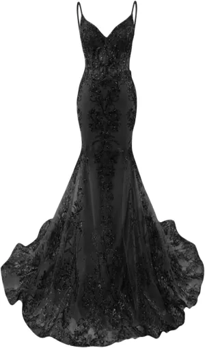 Sparkly Sequin Mermaid Prom Dress for Women 2025 Lace Applique Formal Evening Dresses V Neck Straps Backless Party Gowns P36
