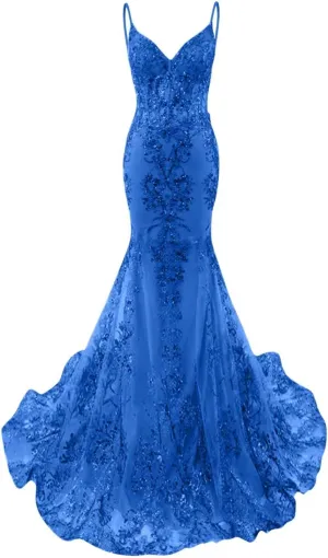 Sparkly Sequin Mermaid Prom Dress for Women 2025 Lace Applique Formal Evening Dresses V Neck Straps Backless Party Gowns P36