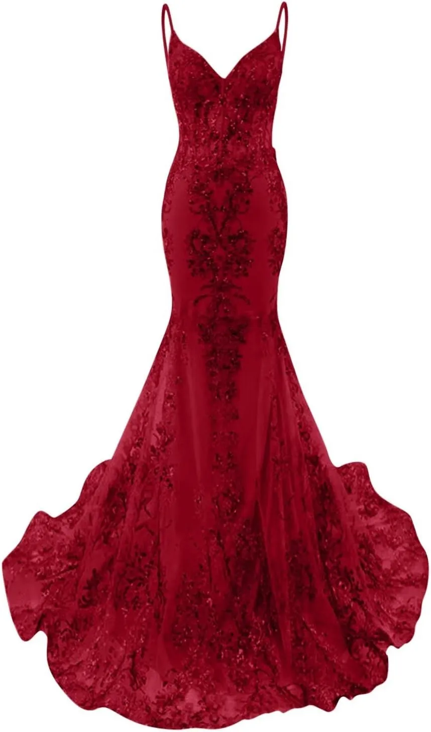 Sparkly Sequin Mermaid Prom Dress for Women 2025 Lace Applique Formal Evening Dresses V Neck Straps Backless Party Gowns P36