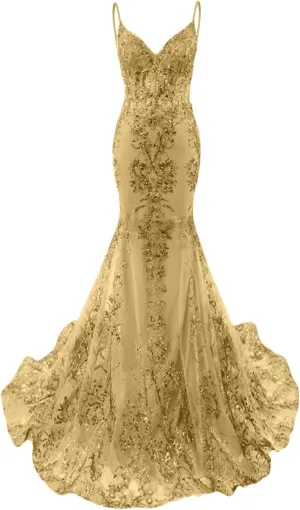 Sparkly Sequin Mermaid Prom Dress for Women 2025 Lace Applique Formal Evening Dresses V Neck Straps Backless Party Gowns P36