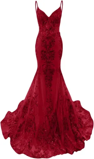 Sparkly Sequin Mermaid Prom Dress for Women 2025 Lace Applique Formal Evening Dresses V Neck Straps Backless Party Gowns P36