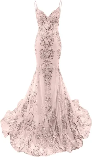 Sparkly Sequin Mermaid Prom Dress for Women 2025 Lace Applique Formal Evening Dresses V Neck Straps Backless Party Gowns P36