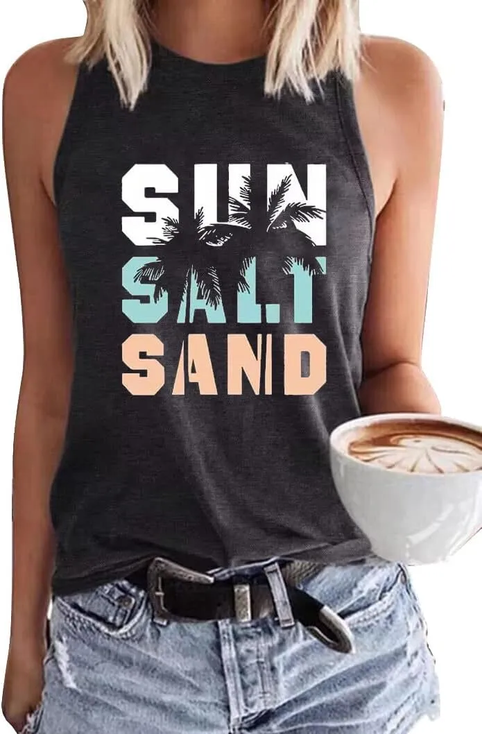 Sun Sand and A Drink in My Hand Tank Tops Beach Letter Graphic Hawaiian Vest Casual Summer Vacation Holiday Cami Shirt