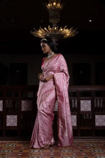 Surkh Surur' Gulabi Jaal Zari Pure Silk Benarasi Handloon Sari