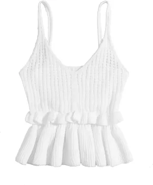 SweatyRocks Women's Casual Spaghetti Strap Ruffle Hem Peplum Cropped Knit Sweater