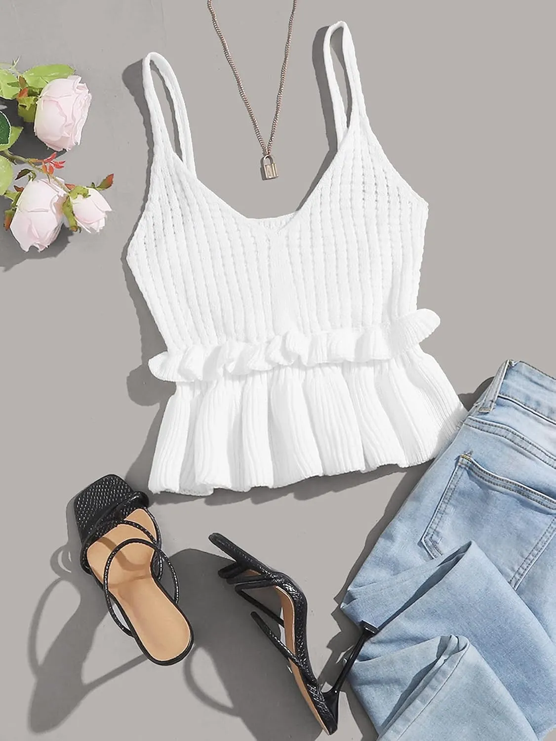 SweatyRocks Women's Casual Spaghetti Strap Ruffle Hem Peplum Cropped Knit Sweater