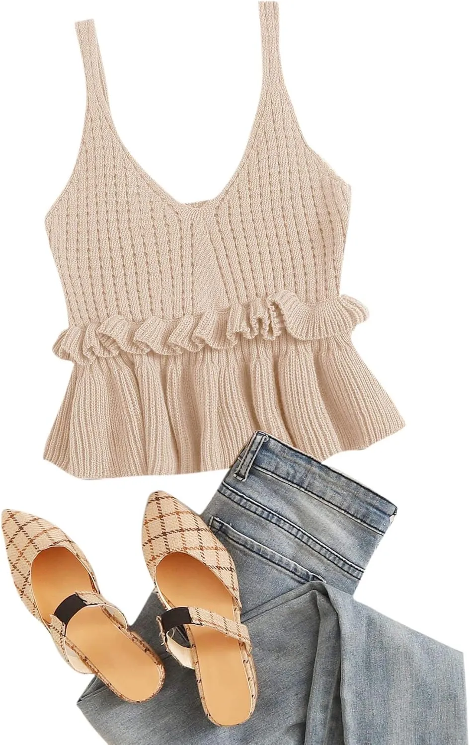 SweatyRocks Women's Casual Spaghetti Strap Ruffle Hem Peplum Cropped Knit Sweater