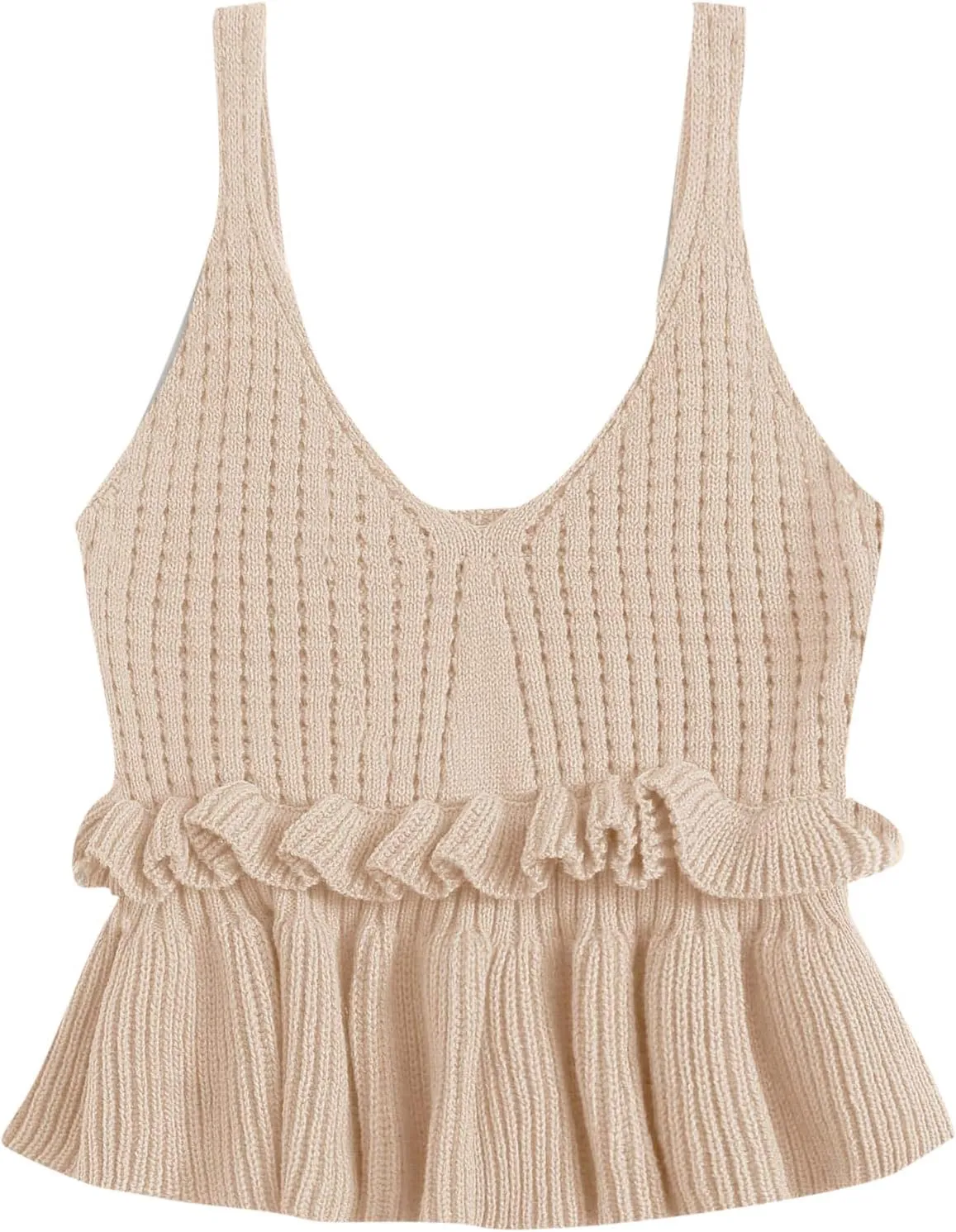 SweatyRocks Women's Casual Spaghetti Strap Ruffle Hem Peplum Cropped Knit Sweater
