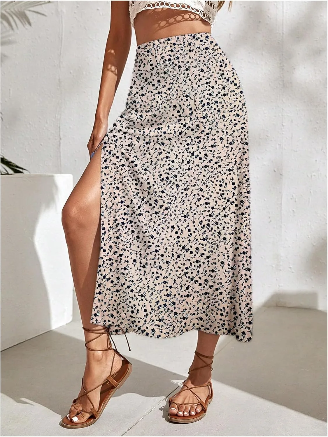 SweatyRocks Women's Ditsy Floral Print High Waist A Line Midi Skirts