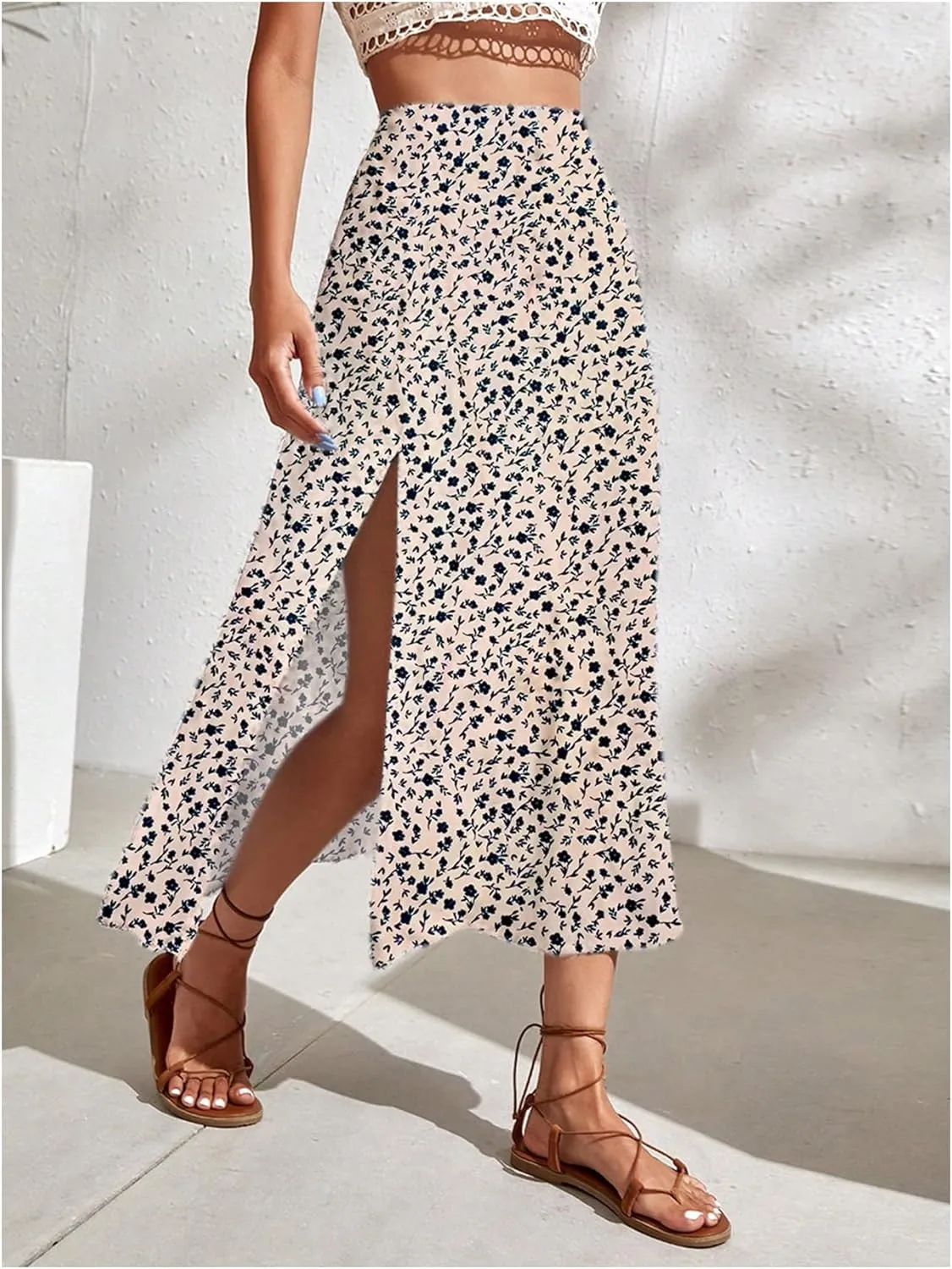 SweatyRocks Women's Ditsy Floral Print High Waist A Line Midi Skirts