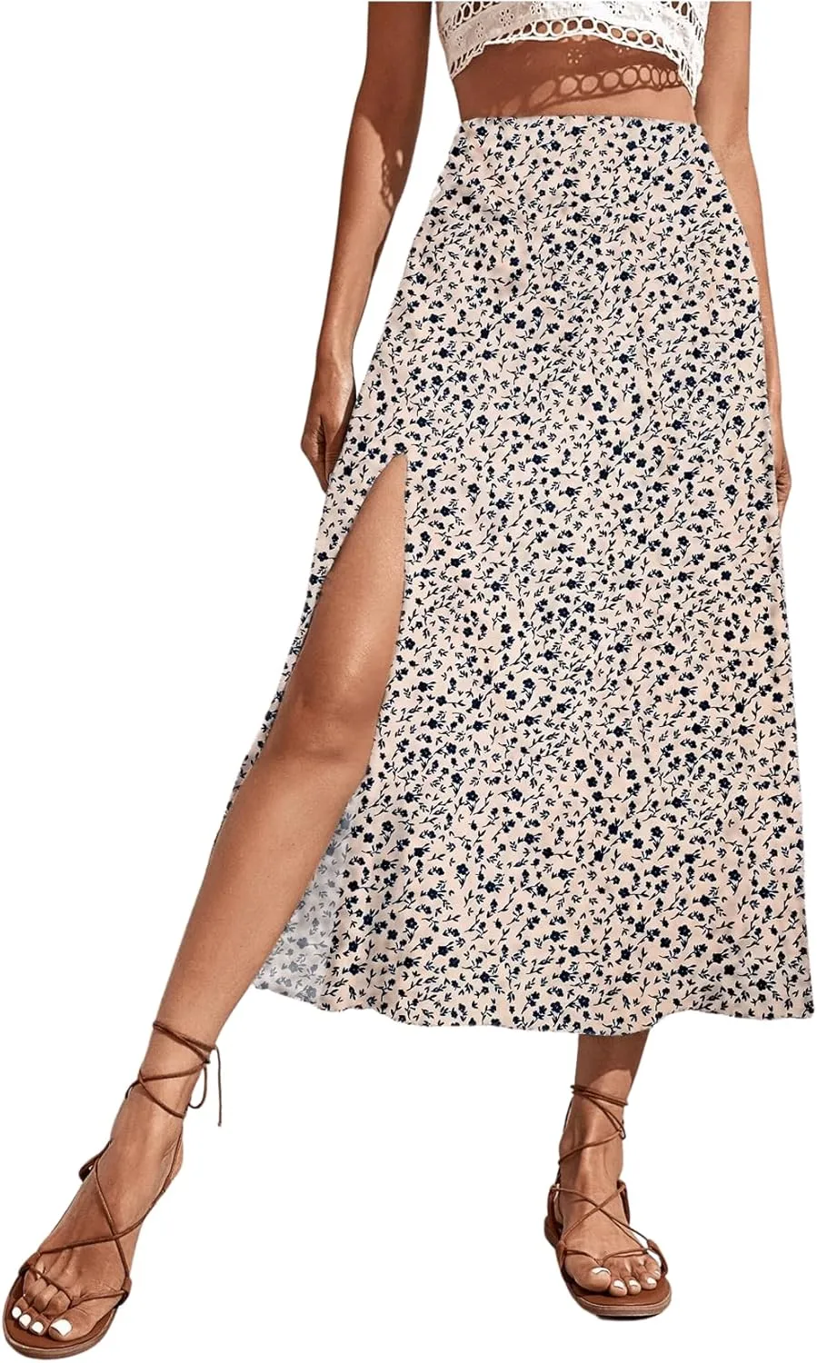 SweatyRocks Women's Ditsy Floral Print High Waist A Line Midi Skirts