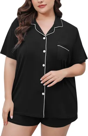 SWOMOG Women's Plus Size Pajamas Set Button Down Tops Short Sleeve Sleepwear Soft Pajama Shorts 2 Pcs Lounge Sets With Pocket