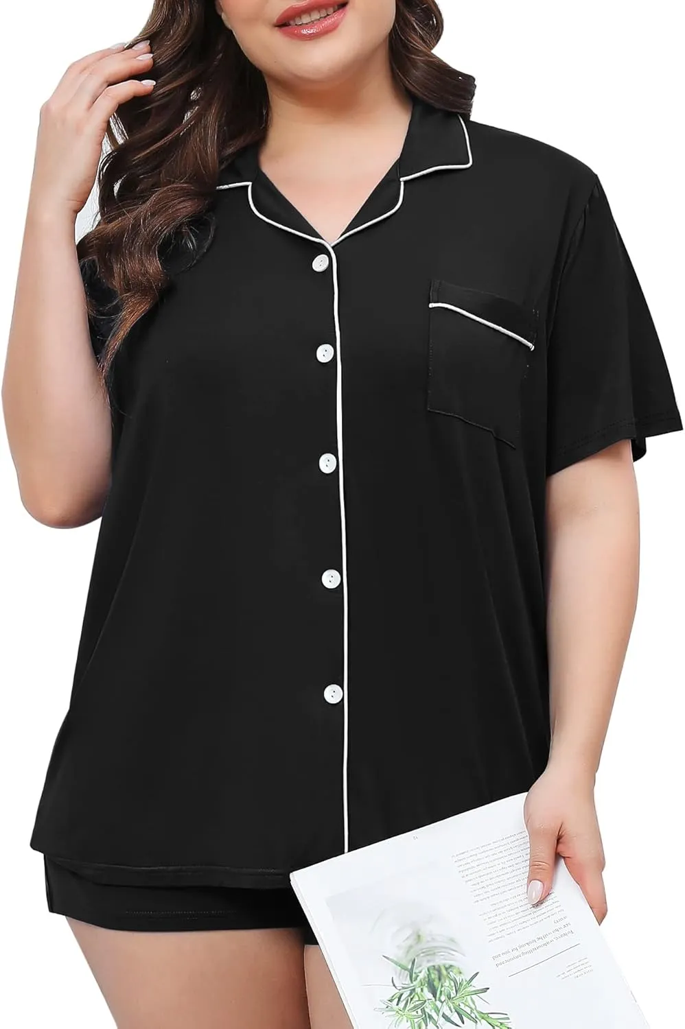 SWOMOG Women's Plus Size Pajamas Set Button Down Tops Short Sleeve Sleepwear Soft Pajama Shorts 2 Pcs Lounge Sets With Pocket