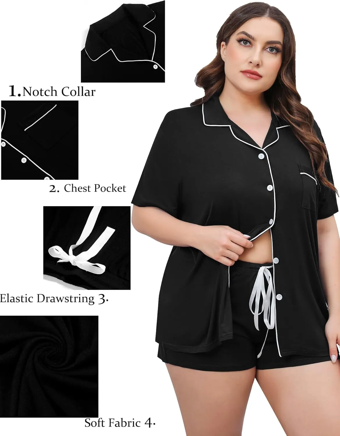 SWOMOG Women's Plus Size Pajamas Set Button Down Tops Short Sleeve Sleepwear Soft Pajama Shorts 2 Pcs Lounge Sets With Pocket