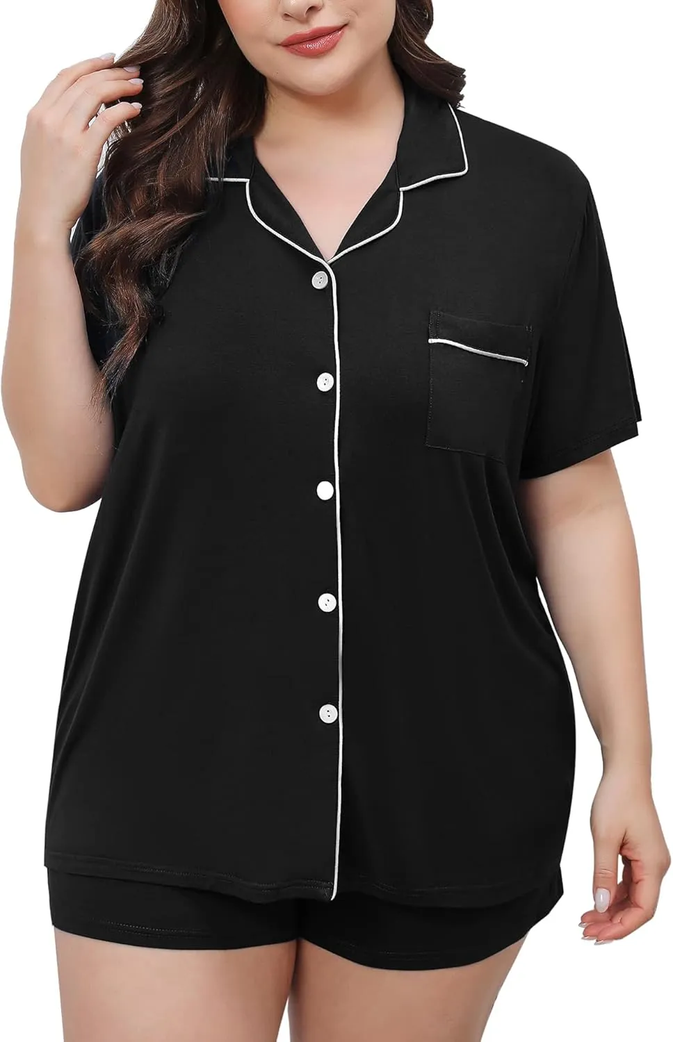 SWOMOG Women's Plus Size Pajamas Set Button Down Tops Short Sleeve Sleepwear Soft Pajama Shorts 2 Pcs Lounge Sets With Pocket