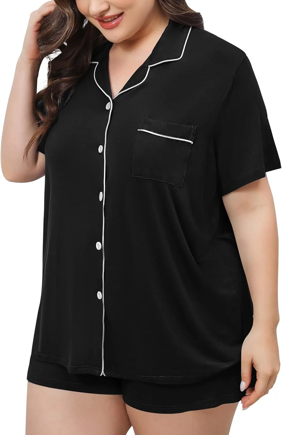 SWOMOG Women's Plus Size Pajamas Set Button Down Tops Short Sleeve Sleepwear Soft Pajama Shorts 2 Pcs Lounge Sets With Pocket