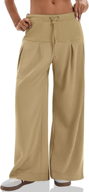 Tankaneo Womens Pleated Wide Leg Sweatpants Baggy Drawstring High Waisted Pants Casual Comfy Palazzo Lounge Pants