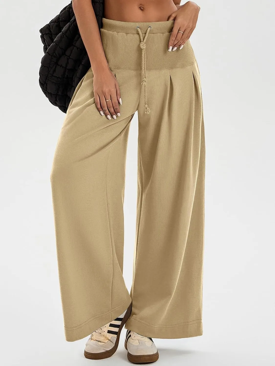 Tankaneo Womens Pleated Wide Leg Sweatpants Baggy Drawstring High Waisted Pants Casual Comfy Palazzo Lounge Pants