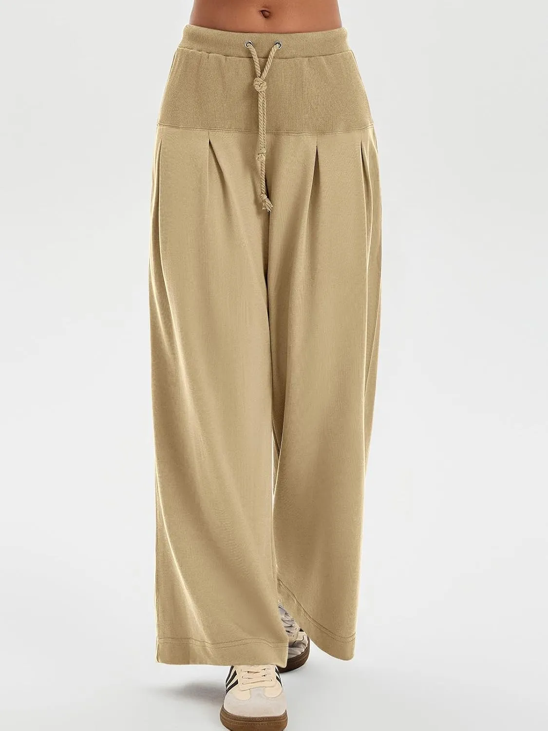 Tankaneo Womens Pleated Wide Leg Sweatpants Baggy Drawstring High Waisted Pants Casual Comfy Palazzo Lounge Pants