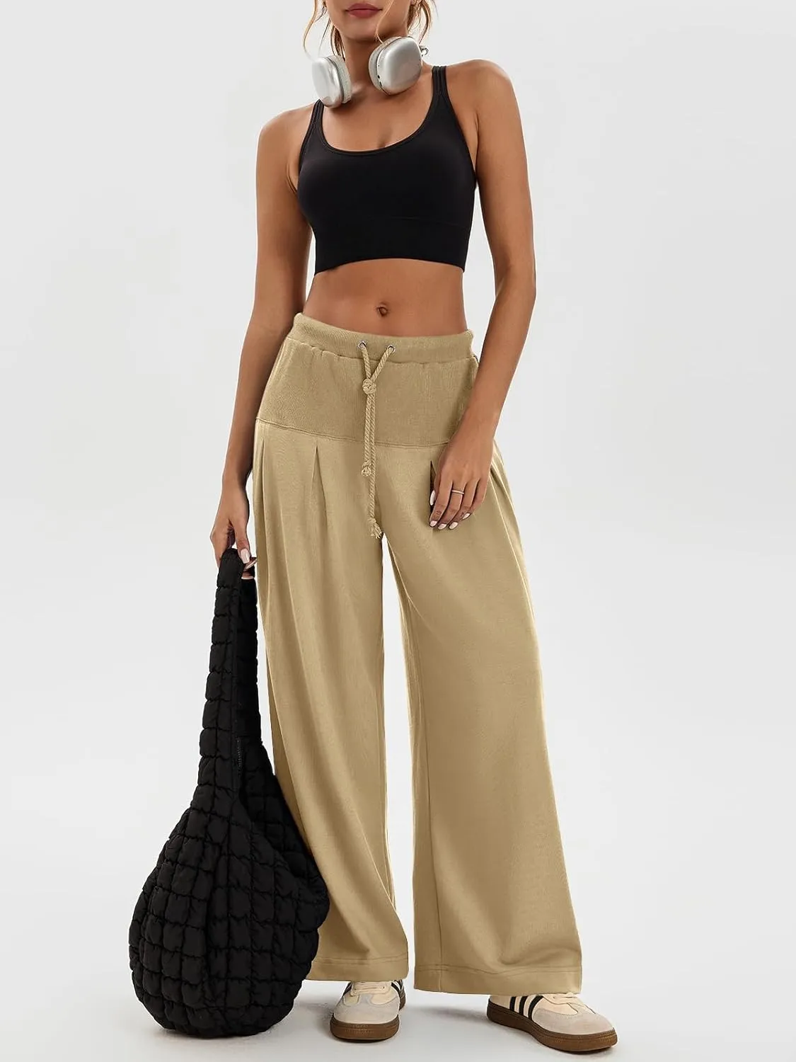 Tankaneo Womens Pleated Wide Leg Sweatpants Baggy Drawstring High Waisted Pants Casual Comfy Palazzo Lounge Pants