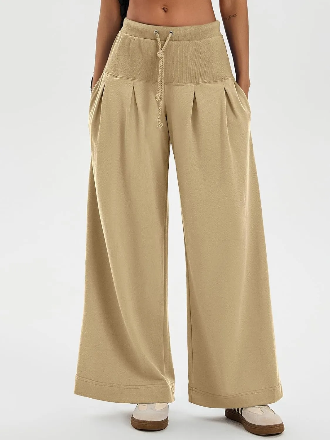 Tankaneo Womens Pleated Wide Leg Sweatpants Baggy Drawstring High Waisted Pants Casual Comfy Palazzo Lounge Pants