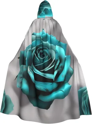 Teal Gray Rose Flower Prints Hooded Cloak for Halloween, Role-Playing, and Costume Parties