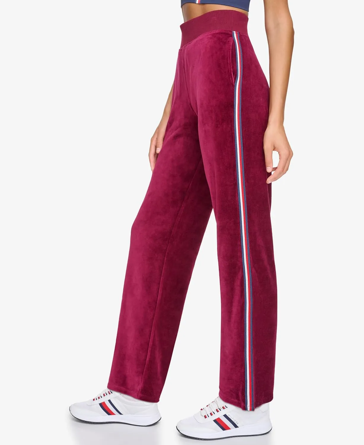 Tommy Hilfiger Women's Global Stripe Mesh Tape Ribbed Waistband Velour Straight Leg Jogger