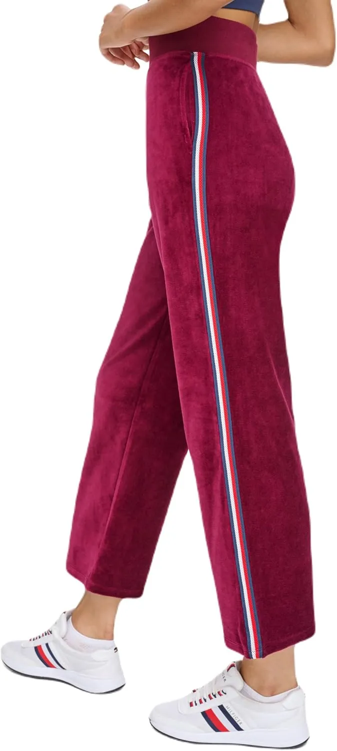 Tommy Hilfiger Women's Global Stripe Mesh Tape Ribbed Waistband Velour Straight Leg Jogger
