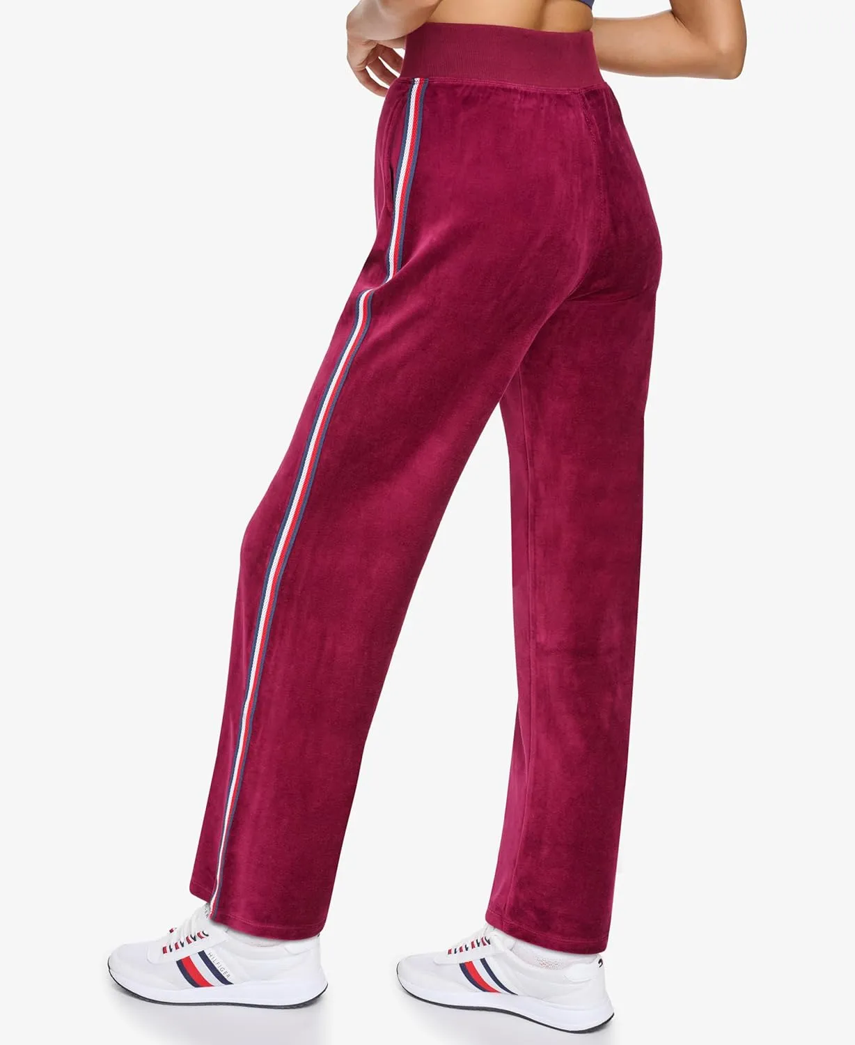 Tommy Hilfiger Women's Global Stripe Mesh Tape Ribbed Waistband Velour Straight Leg Jogger