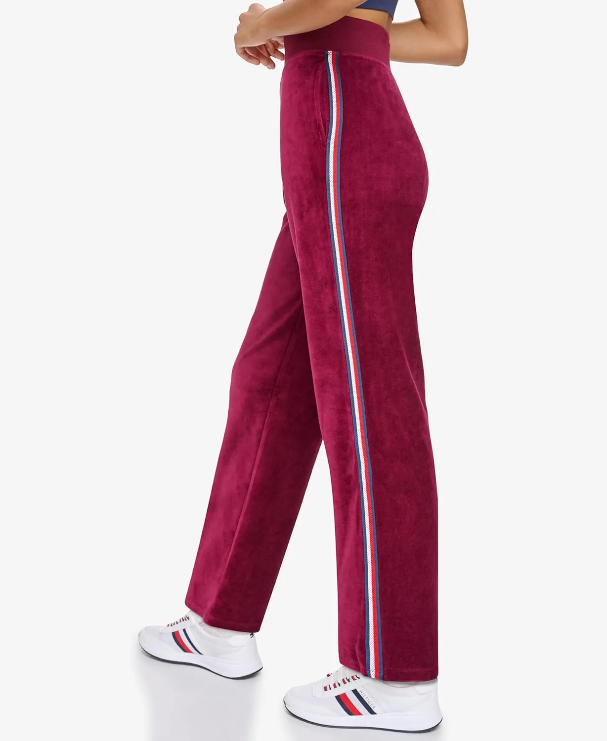 Tommy Hilfiger Women's Global Stripe Mesh Tape Ribbed Waistband Velour Straight Leg Jogger