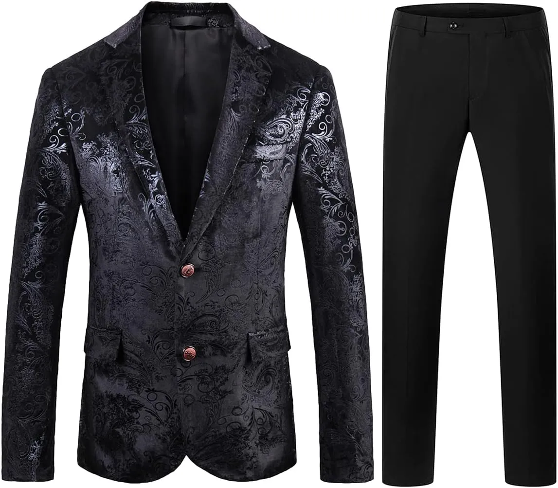 TRONSTORE Men's Velvet Suit Set Slim Fit 2 Piece Tuxedos Two Button Pattern Suit Jacket Pants Party Prom
