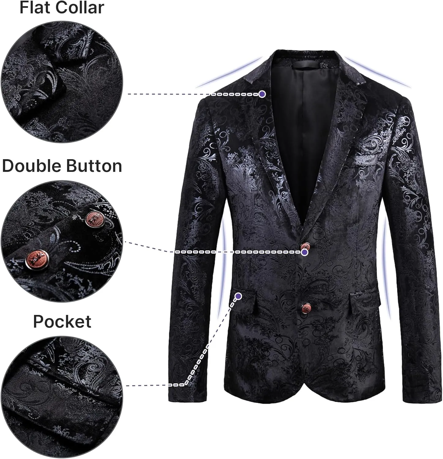 TRONSTORE Men's Velvet Suit Set Slim Fit 2 Piece Tuxedos Two Button Pattern Suit Jacket Pants Party Prom
