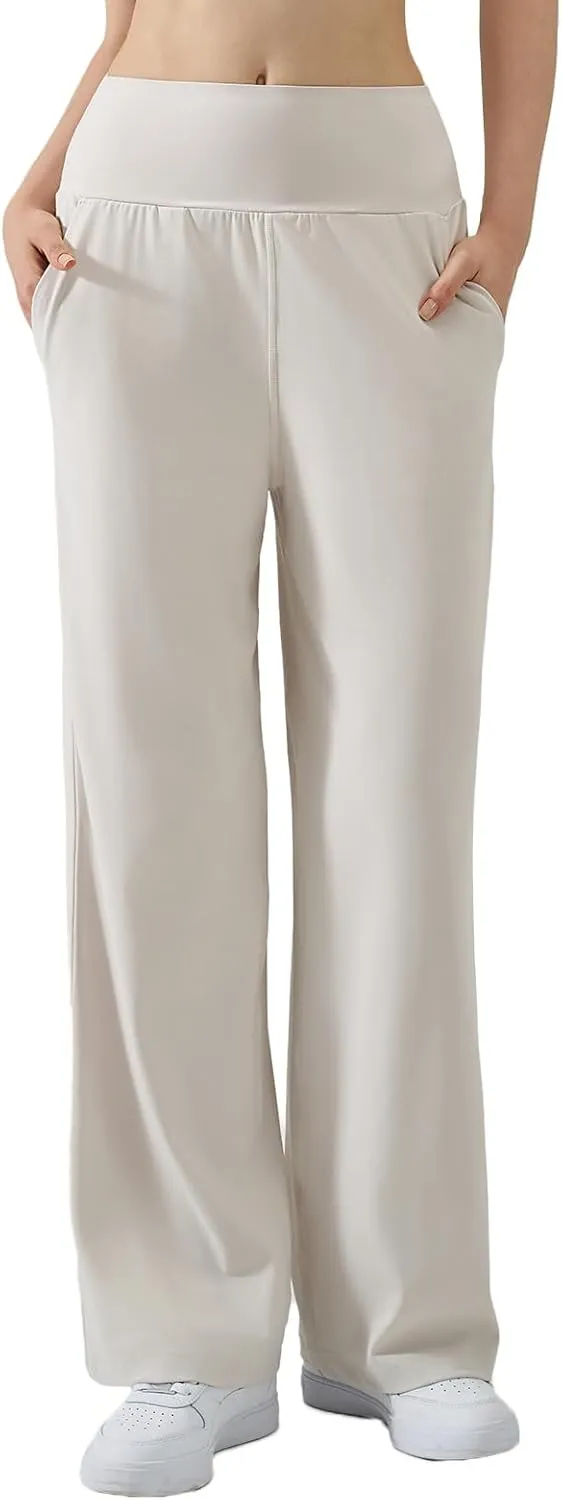 Ukaste Women's Petite Wide Leg Yoga Pants 26"/ 28"/ 30" - High Waisted Stretch Casual Lounge Pant with Pockets