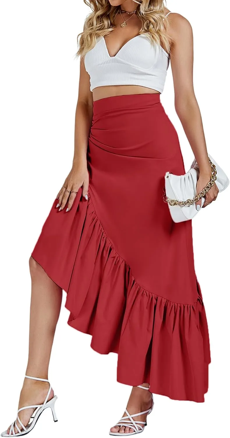 Umenlele Women's Ruched Ruffle High Low Asymmetrical Hem High Waist Midi Skirt