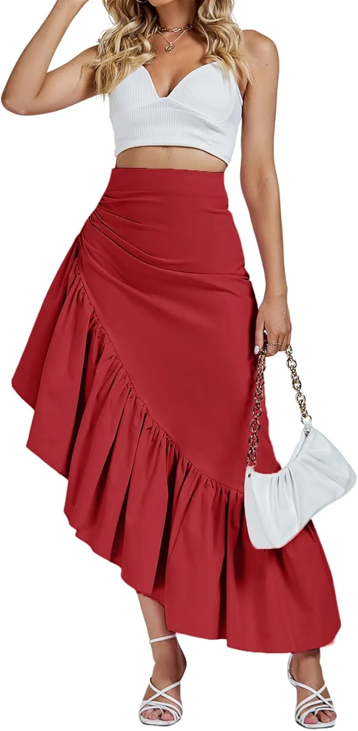Umenlele Women's Ruched Ruffle High Low Asymmetrical Hem High Waist Midi Skirt
