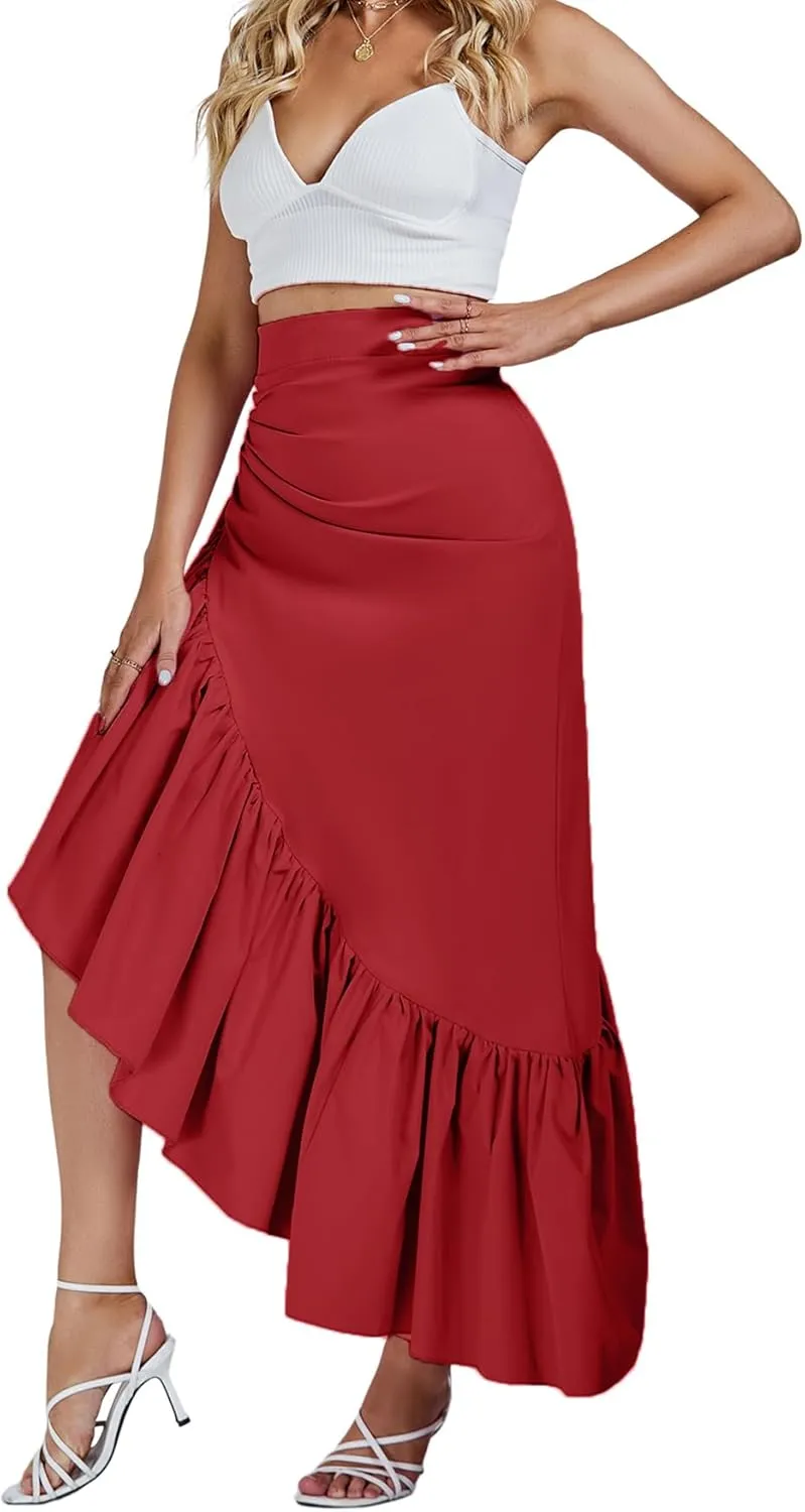 Umenlele Women's Ruched Ruffle High Low Asymmetrical Hem High Waist Midi Skirt