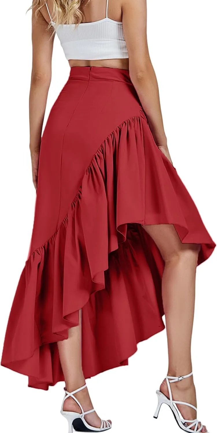 Umenlele Women's Ruched Ruffle High Low Asymmetrical Hem High Waist Midi Skirt
