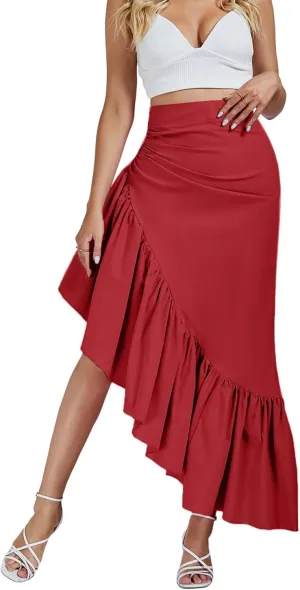 Umenlele Women's Ruched Ruffle High Low Asymmetrical Hem High Waist Midi Skirt