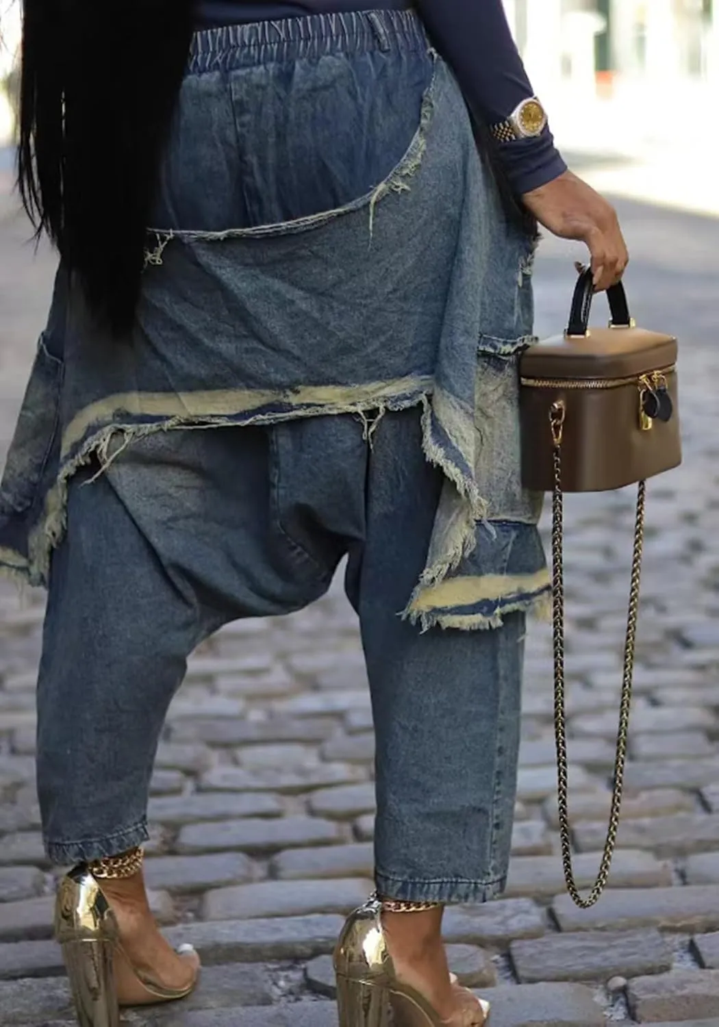 Vakkest Women's Harem Denim Pants Elastic High Waist Raw Trim Hem Patchwork Boyfriend Wide Leg Jeans with Pockets