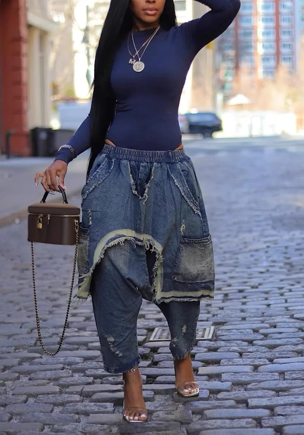 Vakkest Women's Harem Denim Pants Elastic High Waist Raw Trim Hem Patchwork Boyfriend Wide Leg Jeans with Pockets