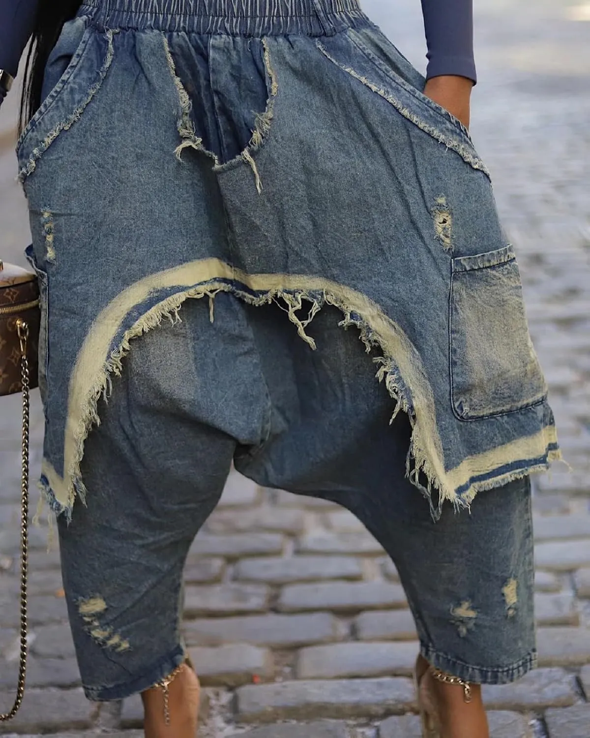 Vakkest Women's Harem Denim Pants Elastic High Waist Raw Trim Hem Patchwork Boyfriend Wide Leg Jeans with Pockets