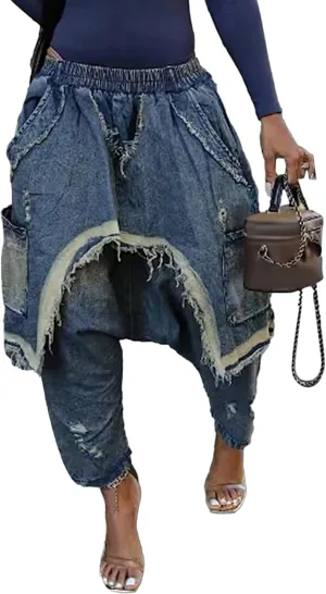 Vakkest Women's Harem Denim Pants Elastic High Waist Raw Trim Hem Patchwork Boyfriend Wide Leg Jeans with Pockets