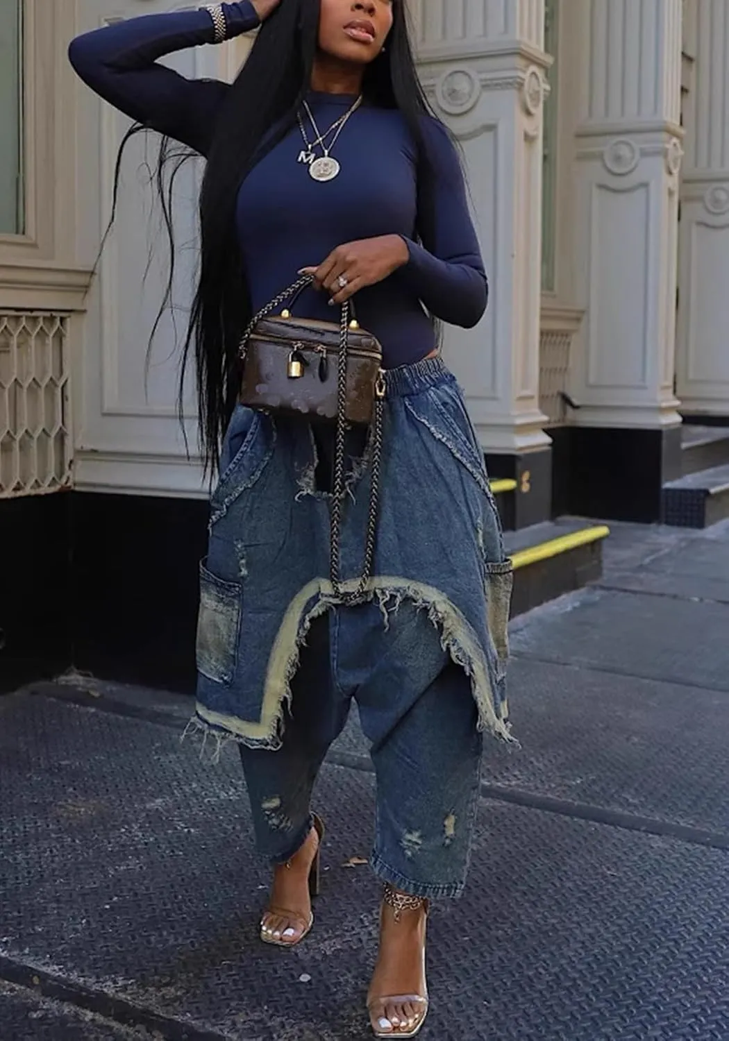 Vakkest Women's Harem Denim Pants Elastic High Waist Raw Trim Hem Patchwork Boyfriend Wide Leg Jeans with Pockets