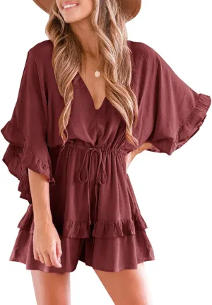 Valphsio Womens V Neck Beach Romper Ruffle Layered Drawstring Waisted Shorts Jumpsuit