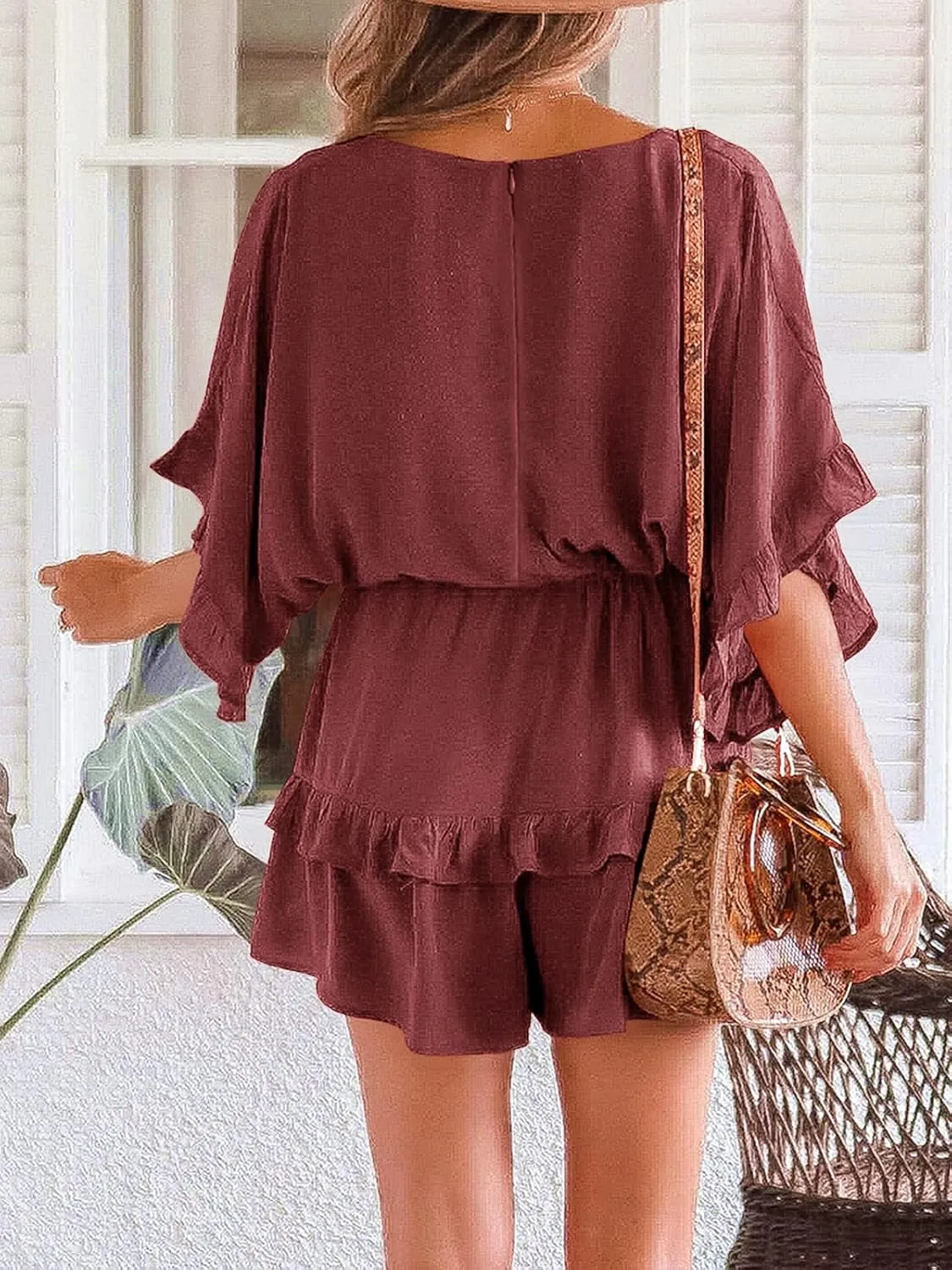 Valphsio Womens V Neck Beach Romper Ruffle Layered Drawstring Waisted Shorts Jumpsuit